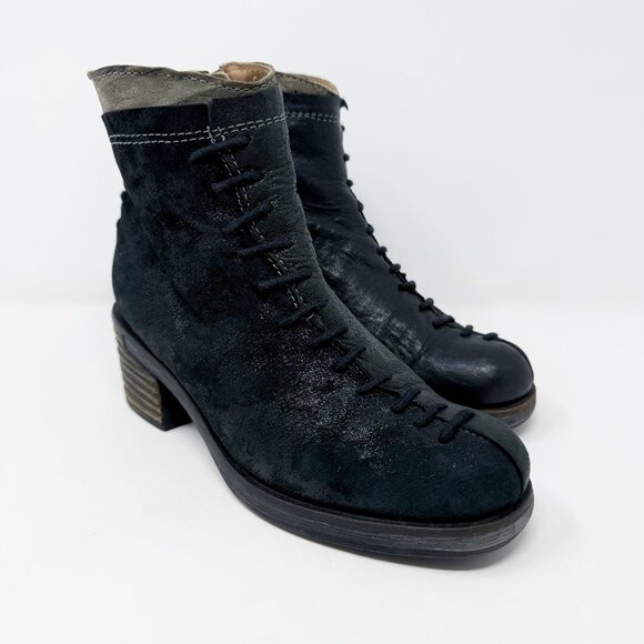 Clocharme Black Leather & Suede Ankle Boots EU 38/US 8 Side Zip Lace Up Detail - Picture 1 of 9